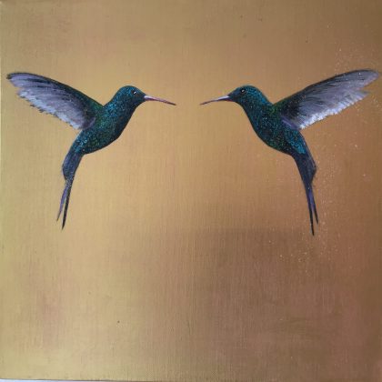 Emerald Hummingbirds ~ on Gold (SOLD)