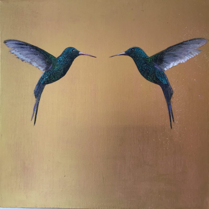 Emerald Hummingbirds ~ on Gold (SOLD)