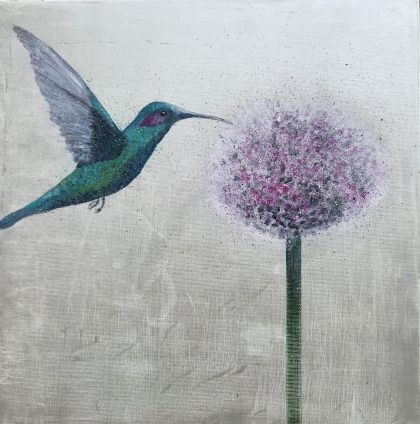 Hummingbird and Allium ~ on silver (SOLD)