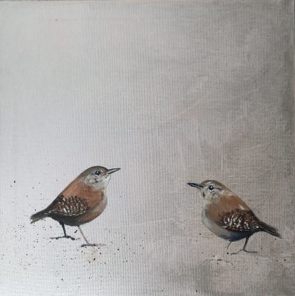 Two Little Wrens ~ on silver (SOLD)