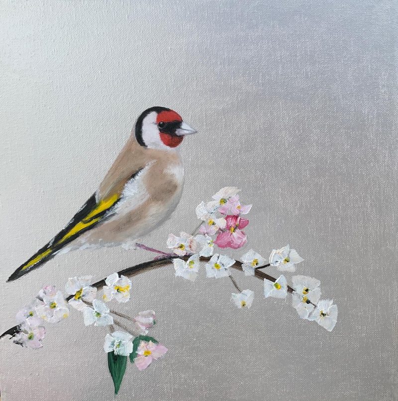 Goldfinch and Cherry Blossom on silver (SOLD)