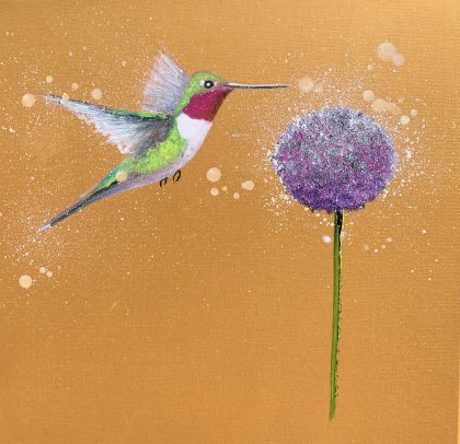 Hummingbird and Allium ~ on Gold (SOLD)