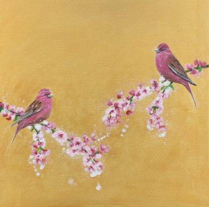 Rose Finches and Cherry Blossom on Gold