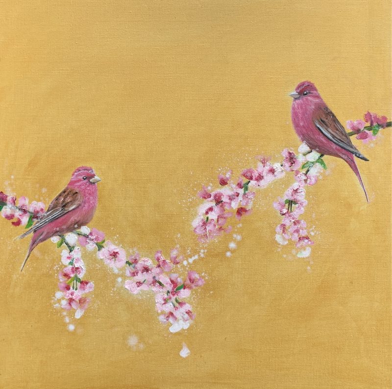 Rose Finches and Cherry Blossom on Gold
